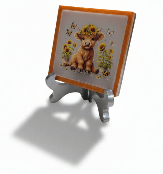 Square Plaque/Display with Highland Cow Calf, Butterflies and Sunflowers