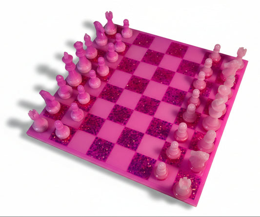 Designer Handcrafted Pink with Glitter Resin Chessboard and Pieces