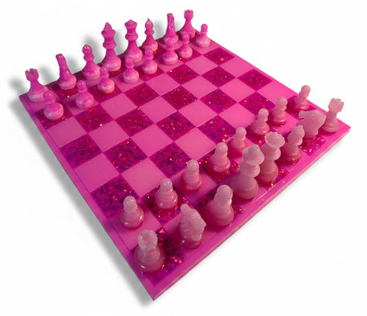 Designer Handcrafted Pink with Glitter Resin Chessboard and Pieces