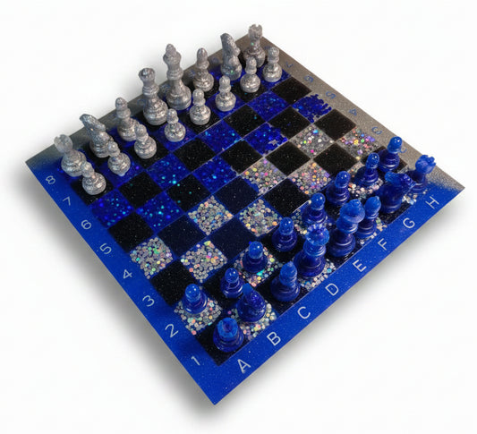 Blue and Silver Glittered Handcrafted Designer Resin Professional Style Chess Board