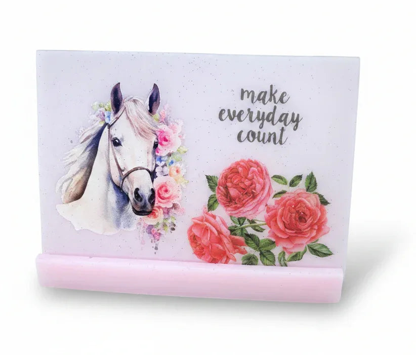 **Handcrafted Floral Horse Resin Plaque - "Make Everyday Count" Inspirational Wall Art | Peach Pink Decor by Crazy Chaotic Crafter**