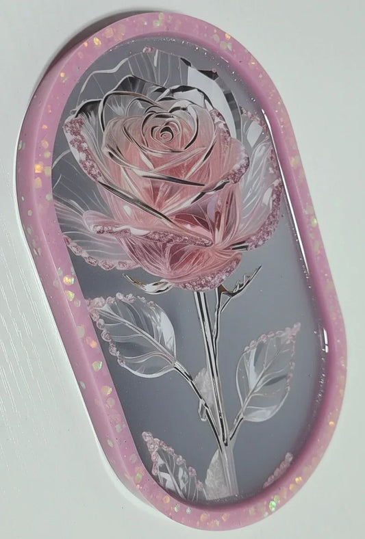 Elegant Oblong Pink Rose Design Tray