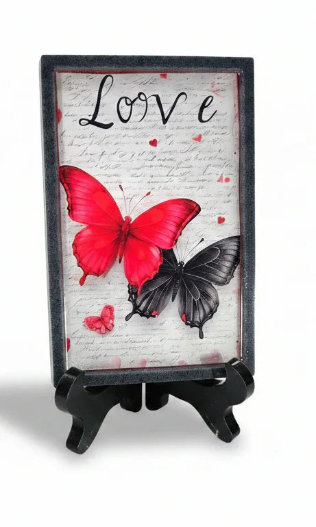 **Handcrafted Red and Black Butterfly Resin Plaque - "Love" Vintage Ephemera Wall Art | Gothic Romance Decor by Crazy Chaotic Crafter**