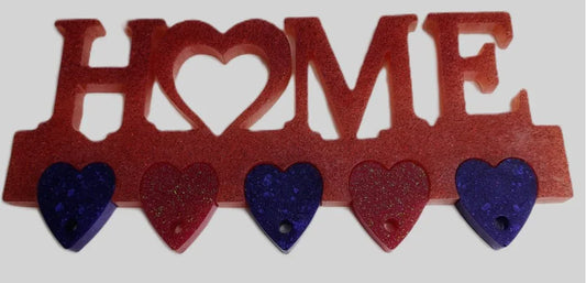 **Handcrafted Red Glitter "HOME" Resin Key Rack - Deep Purple and Pink Shimmer Heart Tags Wall Art | Crazy Chaotic Crafter**