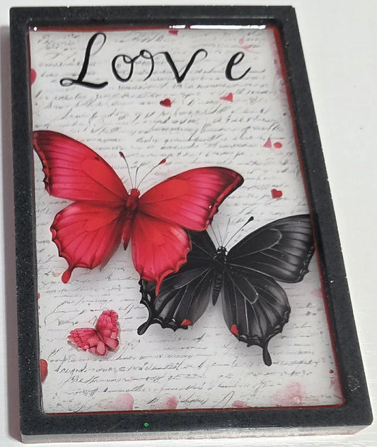 **Handcrafted Red and Black Butterfly Resin Plaque - "Love" Vintage Ephemera Wall Art | Gothic Romance Decor by Crazy Chaotic Crafter**