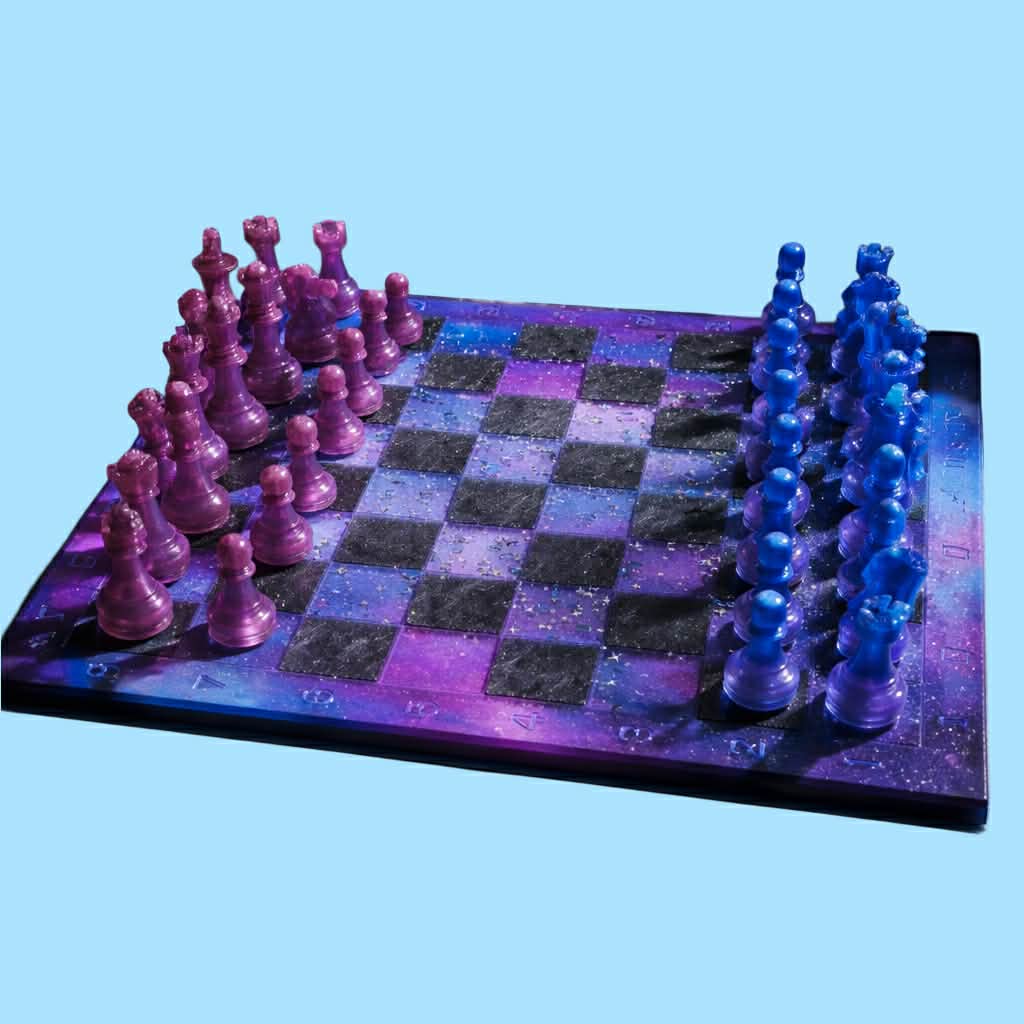 Handcrafted cosmic purple and blue galaxy resin chess set with holographic glitter pieces by Crazy Chaotic Crafter.