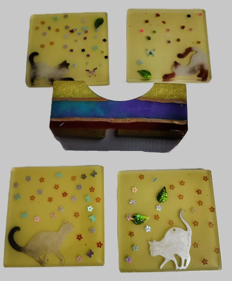 **Handcrafted Yellow Springtime Cat Resin Coaster Set with Holder - Whimsical Feline Table Decor | Crazy Chaotic Crafter**