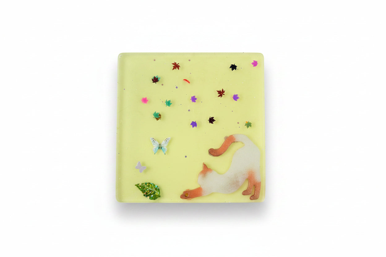 **Handcrafted Yellow Springtime Cat Resin Coaster Set with Holder - Whimsical Feline Table Decor | Crazy Chaotic Crafter**