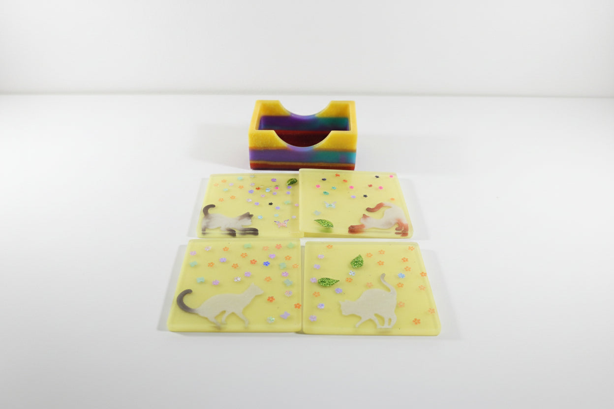 **Handcrafted Yellow Springtime Cat Resin Coaster Set with Holder - Whimsical Feline Table Decor | Crazy Chaotic Crafter**