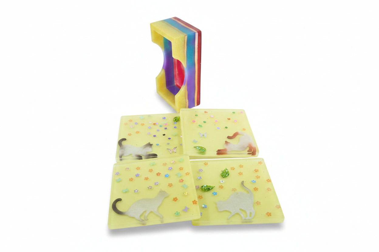 **Handcrafted Yellow Springtime Cat Resin Coaster Set with Holder - Whimsical Feline Table Decor | Crazy Chaotic Crafter**