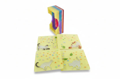**Handcrafted Yellow Springtime Cat Resin Coaster Set with Holder - Whimsical Feline Table Decor | Crazy Chaotic Crafter**