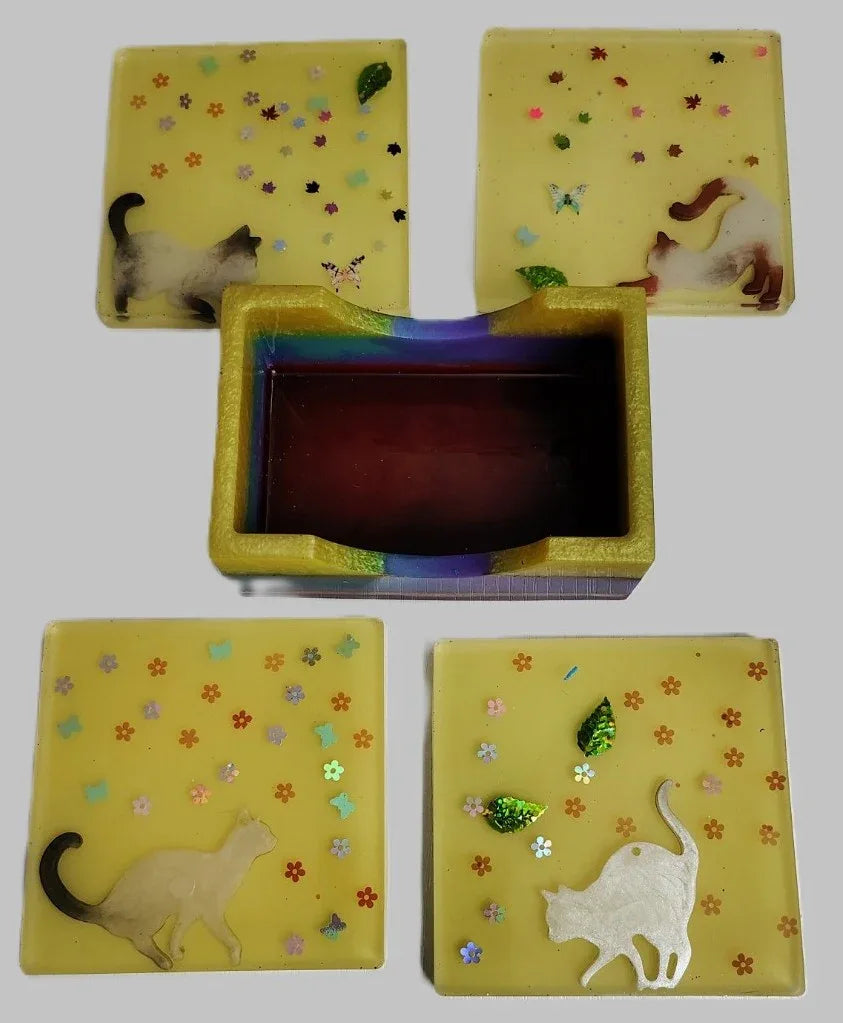 **Handcrafted Yellow Springtime Cat Resin Coaster Set with Holder - Whimsical Feline Table Decor | Crazy Chaotic Crafter**