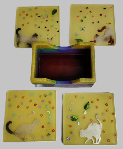 **Handcrafted Yellow Springtime Cat Resin Coaster Set with Holder - Whimsical Feline Table Decor | Crazy Chaotic Crafter**