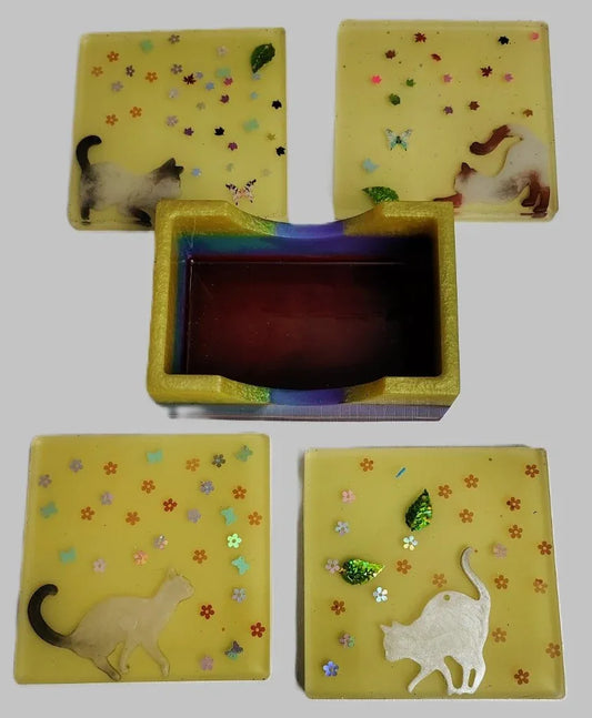 **Handcrafted Yellow Springtime Cat Resin Coaster Set with Holder - Whimsical Feline Table Decor | Crazy Chaotic Crafter**