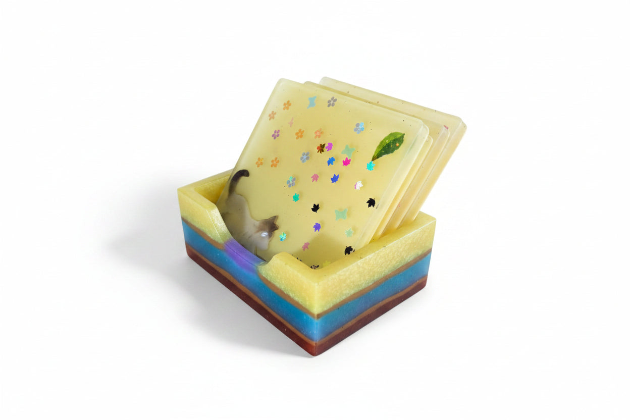 **Handcrafted Yellow Springtime Cat Resin Coaster Set with Holder - Whimsical Feline Table Decor | Crazy Chaotic Crafter**