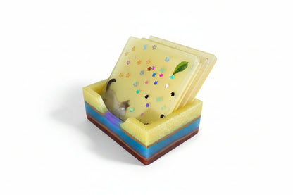 **Handcrafted Yellow Springtime Cat Resin Coaster Set with Holder - Whimsical Feline Table Decor | Crazy Chaotic Crafter**