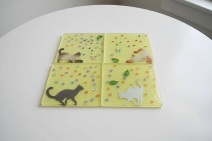 **Handcrafted Yellow Springtime Cat Resin Coaster Set with Holder - Whimsical Feline Table Decor | Crazy Chaotic Crafter**