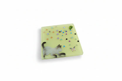**Handcrafted Yellow Springtime Cat Resin Coaster Set with Holder - Whimsical Feline Table Decor | Crazy Chaotic Crafter**