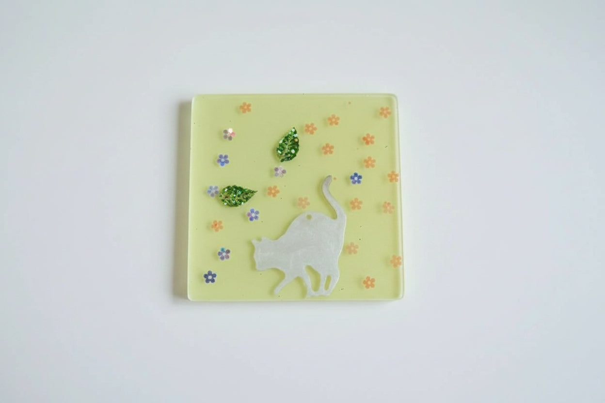 **Handcrafted Yellow Springtime Cat Resin Coaster Set with Holder - Whimsical Feline Table Decor | Crazy Chaotic Crafter**