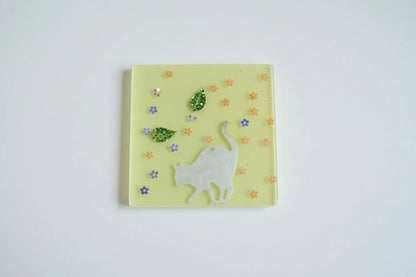 **Handcrafted Yellow Springtime Cat Resin Coaster Set with Holder - Whimsical Feline Table Decor | Crazy Chaotic Crafter**