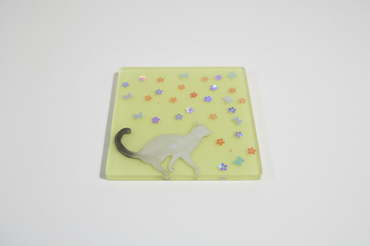 **Handcrafted Yellow Springtime Cat Resin Coaster Set with Holder - Whimsical Feline Table Decor | Crazy Chaotic Crafter**