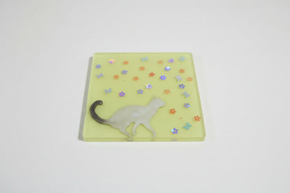 **Handcrafted Yellow Springtime Cat Resin Coaster Set with Holder - Whimsical Feline Table Decor | Crazy Chaotic Crafter**