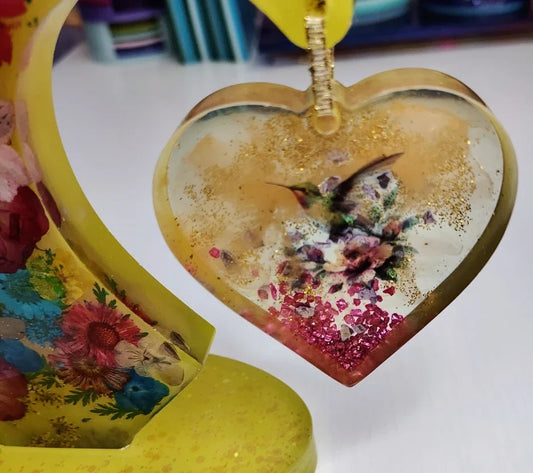 **Handcrafted Yellow Hummingbird Heart Resin Ornament - Floral Suncatcher Decor | Crazy Chaotic Crafter**