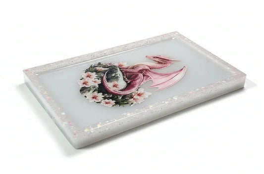 Rectangular Pink Dragon on White Tray or Wall Decor