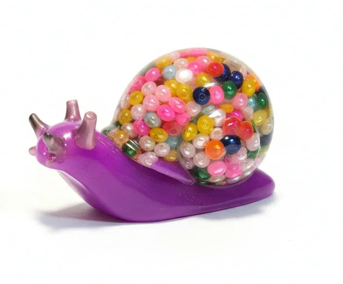 **Handcrafted Bright Violet Multicolor Beaded Resin Snail Figurine - Rainbow "Gumball" Maximalist Decor | Whimsical Artisan Desk Pet by Crazy Chaotic Crafter**