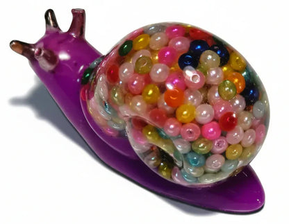 **Handcrafted Bright Violet Multicolor Beaded Resin Snail Figurine - Rainbow "Gumball" Maximalist Decor | Whimsical Artisan Desk Pet by Crazy Chaotic Crafter**