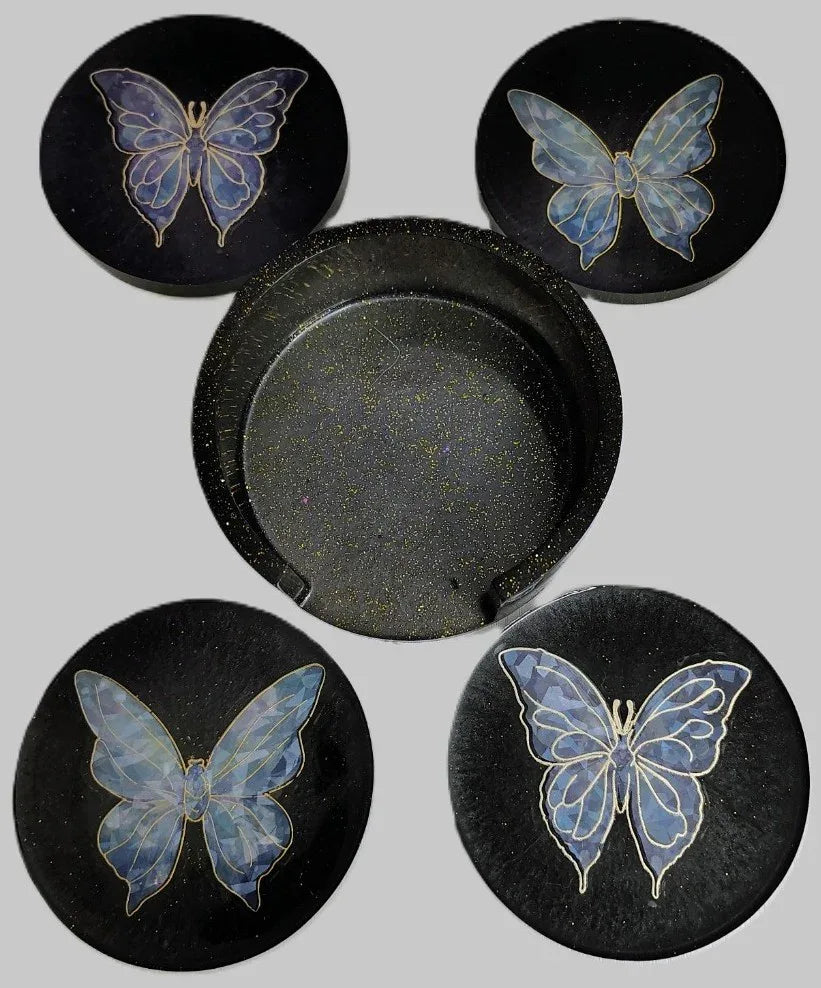 **Handcrafted Midnight Black Butterfly Resin Coaster Set with Holder - Black & Silver Celestial Decor | Crazy Chaotic Crafter**