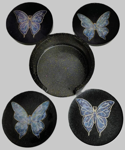 **Handcrafted Midnight Black Butterfly Resin Coaster Set with Holder - Black & Silver Celestial Decor | Crazy Chaotic Crafter**