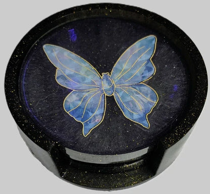 **Handcrafted Midnight Black Butterfly Resin Coaster Set with Holder - Black & Silver Celestial Decor | Crazy Chaotic Crafter**