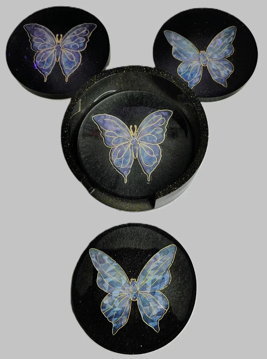 **Handcrafted Midnight Black Butterfly Resin Coaster Set with Holder - Black & Silver Celestial Decor | Crazy Chaotic Crafter**