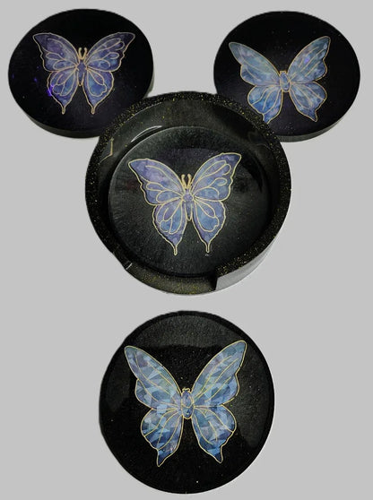 **Handcrafted Midnight Black Butterfly Resin Coaster Set with Holder - Black & Silver Celestial Decor | Crazy Chaotic Crafter**