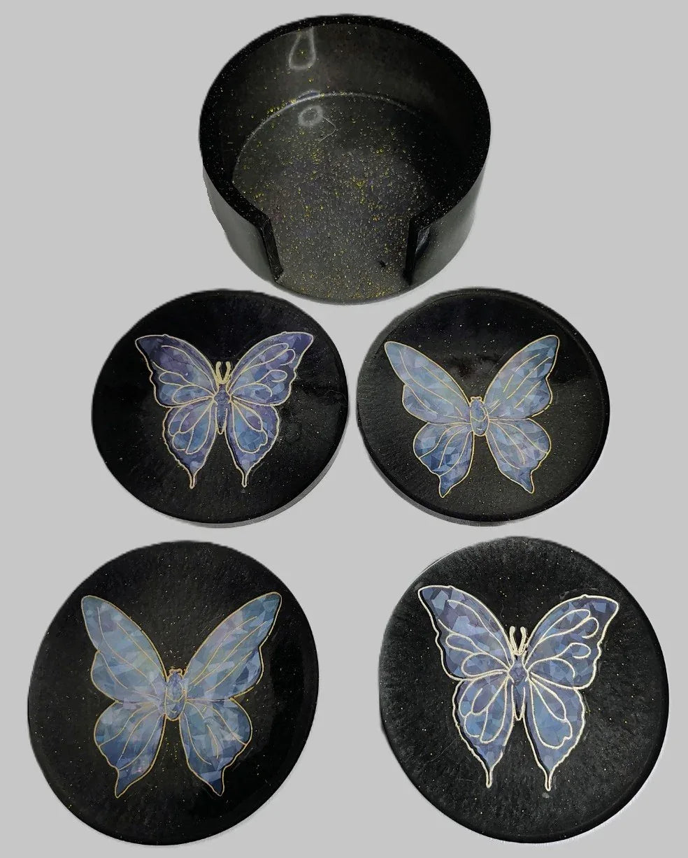 **Handcrafted Midnight Black Butterfly Resin Coaster Set with Holder - Black & Silver Celestial Decor | Crazy Chaotic Crafter**