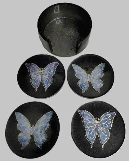 **Handcrafted Midnight Black Butterfly Resin Coaster Set with Holder - Black & Silver Celestial Decor | Crazy Chaotic Crafter**