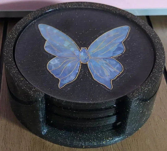 **Handcrafted Midnight Black Butterfly Resin Coaster Set with Holder - Black & Silver Celestial Decor | Crazy Chaotic Crafter**
