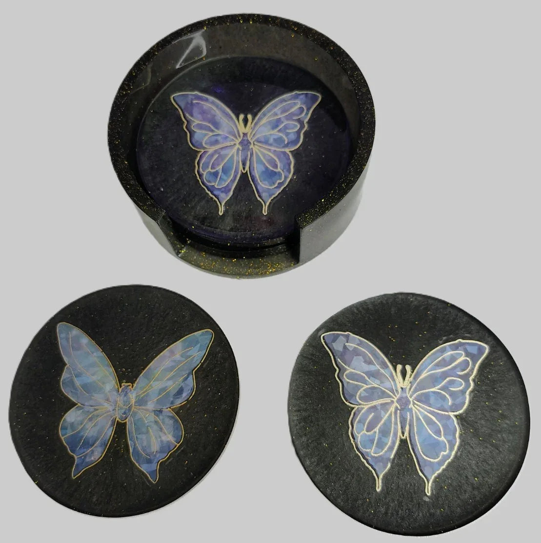 **Handcrafted Midnight Black Butterfly Resin Coaster Set with Holder - Black & Silver Celestial Decor | Crazy Chaotic Crafter**