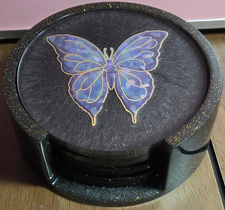 **Handcrafted Midnight Black Butterfly Resin Coaster Set with Holder - Black & Silver Celestial Decor | Crazy Chaotic Crafter**
