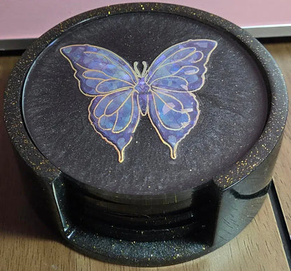 **Handcrafted Midnight Black Butterfly Resin Coaster Set with Holder - Black & Silver Celestial Decor | Crazy Chaotic Crafter**