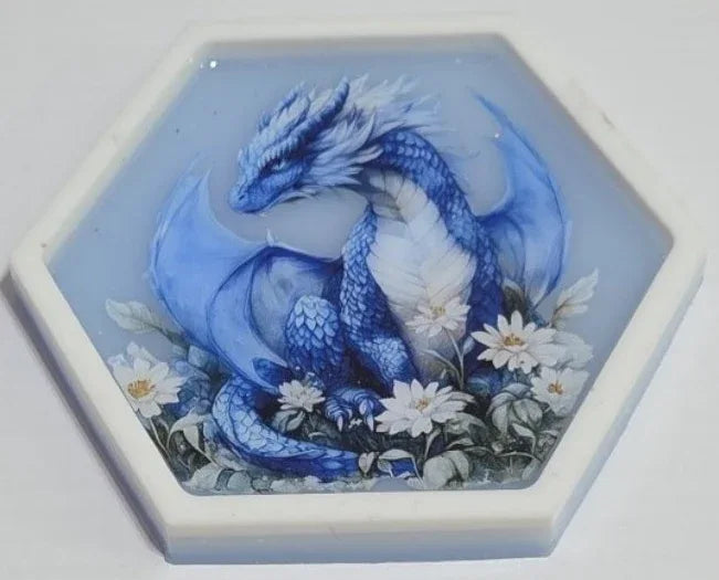 Hexagon Blue Dragon on Blue/White Trinket Tray or Wall Decor