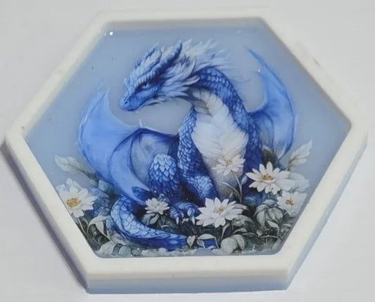 Hexagon Blue Dragon on Blue/White Trinket Tray or Wall Decor