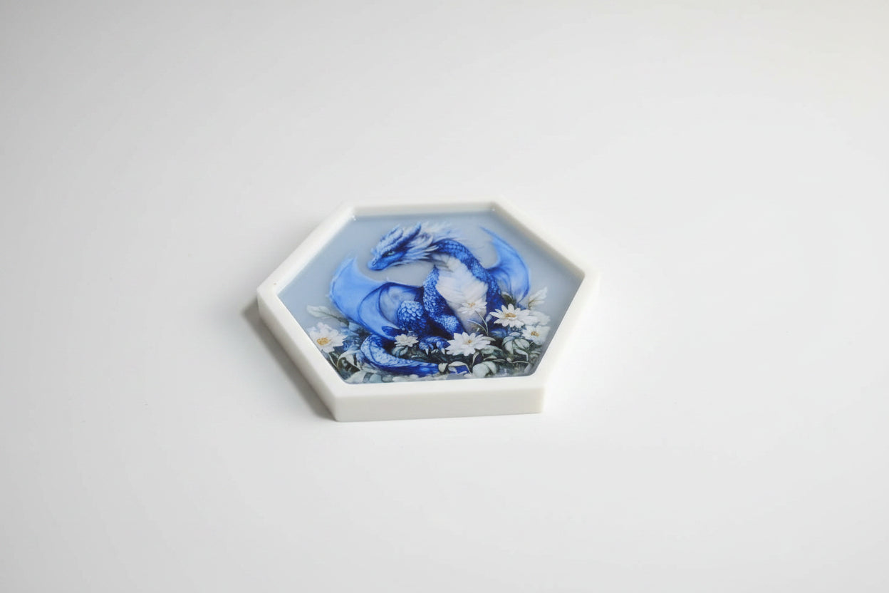 Hexagon Blue Dragon on Blue/White Trinket Tray or Wall Decor