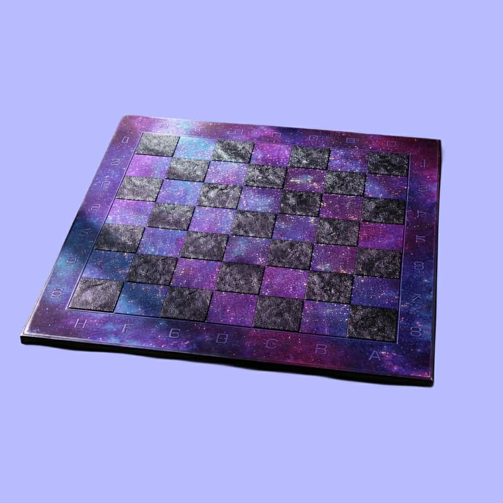 board only view of Handcrafted cosmic purple and blue galaxy resin chess set with holographic glitter pieces by Crazy Chaotic Crafter.