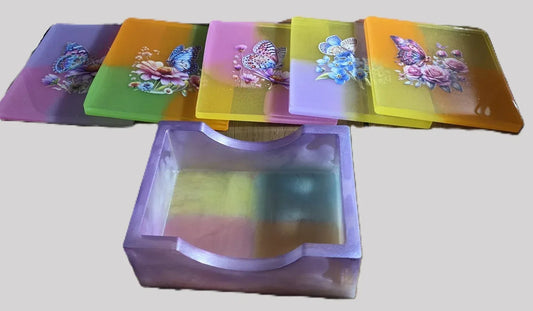 **Handcrafted Rainbow Pastel Butterfly Resin Coaster Set with Holder - Whimsical Summer Table Decor | Crazy Chaotic Crafter**