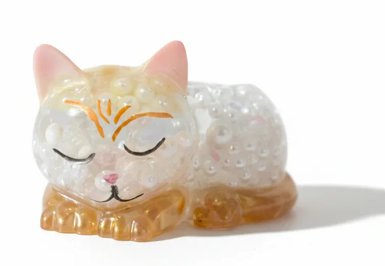 **Handcrafted Sleeping Cat Resin Figurine with Iridescent Pearl Bead Inlay | Calico Aesthetic Kitten Decor by Crazy Chaotic Crafter**