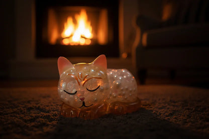 **Handcrafted Sleeping Cat Resin Figurine with Iridescent Pearl Bead Inlay | Calico Aesthetic Kitten Decor by Crazy Chaotic Crafter**