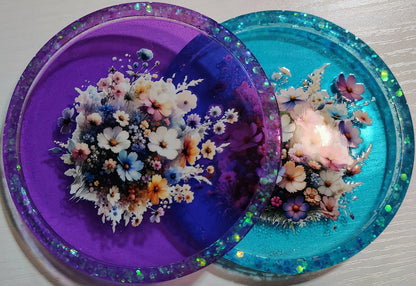 **Handcrafted Floral Resin Trinket Tray Set - Purple & Teal Botanical Jewelry Dish | Shimmering Vanity Decor by Crazy Chaotic Crafter**