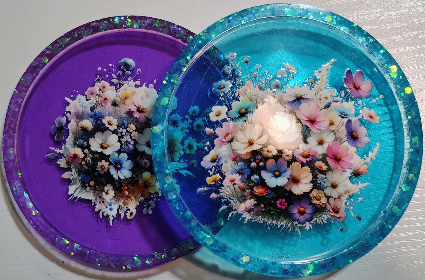 **Handcrafted Floral Resin Trinket Tray Set - Purple & Teal Botanical Jewelry Dish | Shimmering Vanity Decor by Crazy Chaotic Crafter**